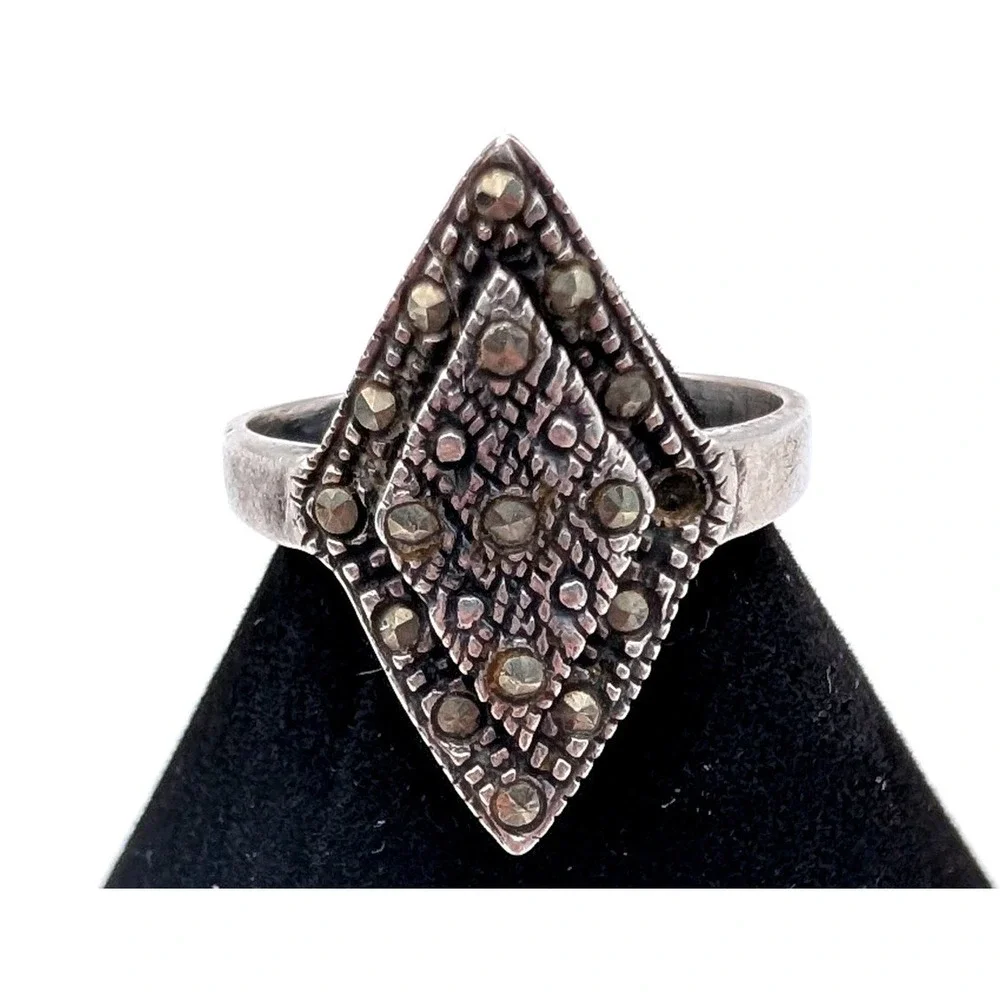 Vintage Marcasite Double Diamond Statement Ring Silver Tone Art Deco Style